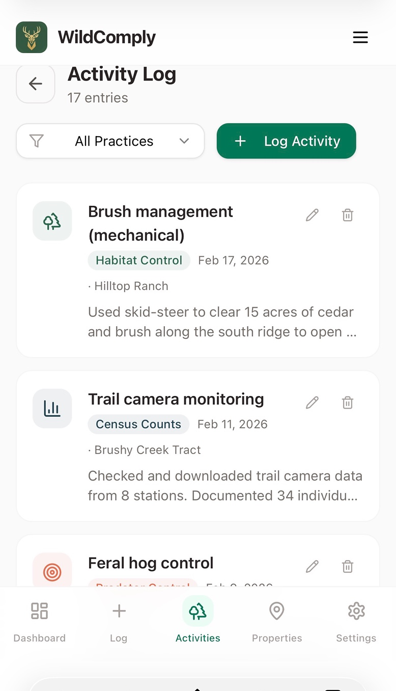 WildComply activity log showing brush management and trail camera entries