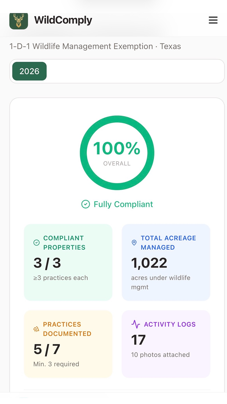 WildComply Dashboard showing 100% compliance score across 3 properties and 1,022 acres